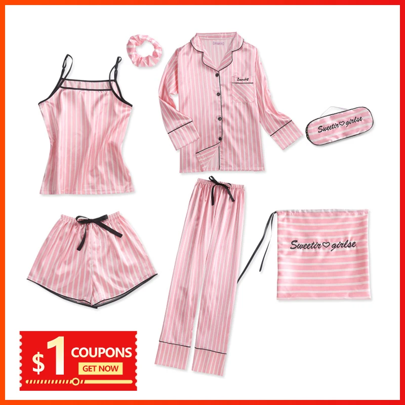 Goede Vrouwen pyjama zijden pyjama voor vrouwen 7 Stuks nachtkleding Winter Sexy pijamas vrouwen Zachte Zoete Leuke Nachtkleding pyjama set