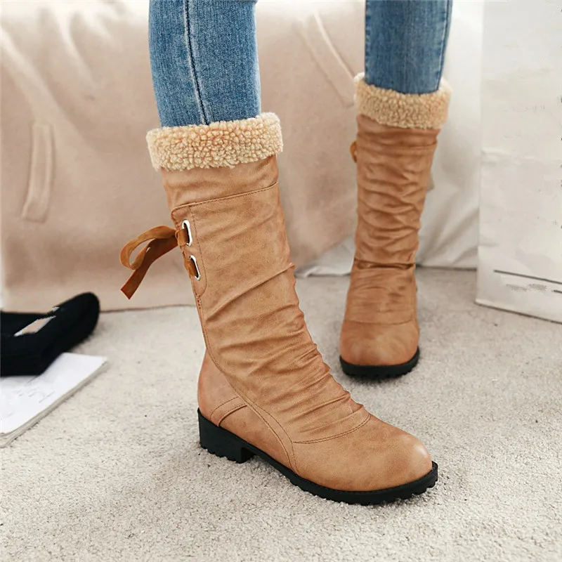 

Winter Black Yellow Gray Cross Tied Design Womens Large Size Boots Mid Calf Tall Fur Tassel Chunky Heels Ladies Shoes