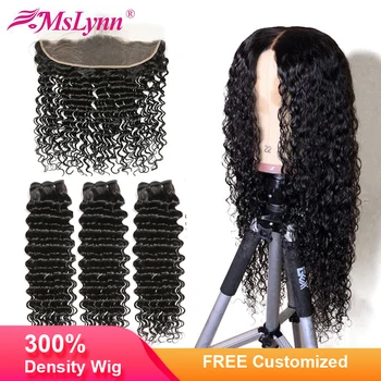

4x13 Lace Frontal Human Hair Wig Deep Wave Bundles With Frontal Closure Free Customized Into Wig Brazilian Wigs Mslynn Remy Hair