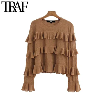 

TRAF Women Vintage Sweet Ruffled Cropped Blouses Fashion O Neck Long Sleeve Office Wear Female Shirts Blusas Mujer Chic Tops