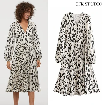 

Za 2020 New Summer Women Mididress with V-neck Dot Print Ruffles Long Sleeve Elegant Dress Femme Loose Midi Dress Vestido