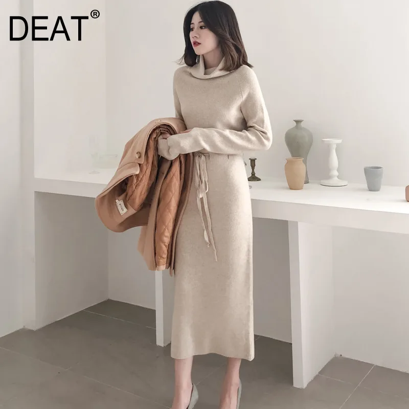 

[DEAT] 2019 Autumn Fashion Trend New Pattern Long Over-the-knee Sweater Dress High Neck Knit Thick Warm The Dress Leisure AT311