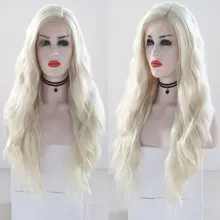 Платиновый блонд, Длинные свободные волнистые синтетические парики на кружеве, термостойкие волокнистые волосы, боковая часть, натуральные волосы для женщин, парики
