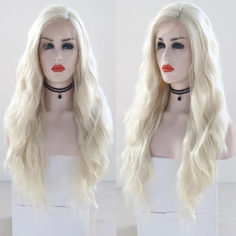 Platinum Blonde Long Loose Wave Synthetic Lace Front Wigs Heat
