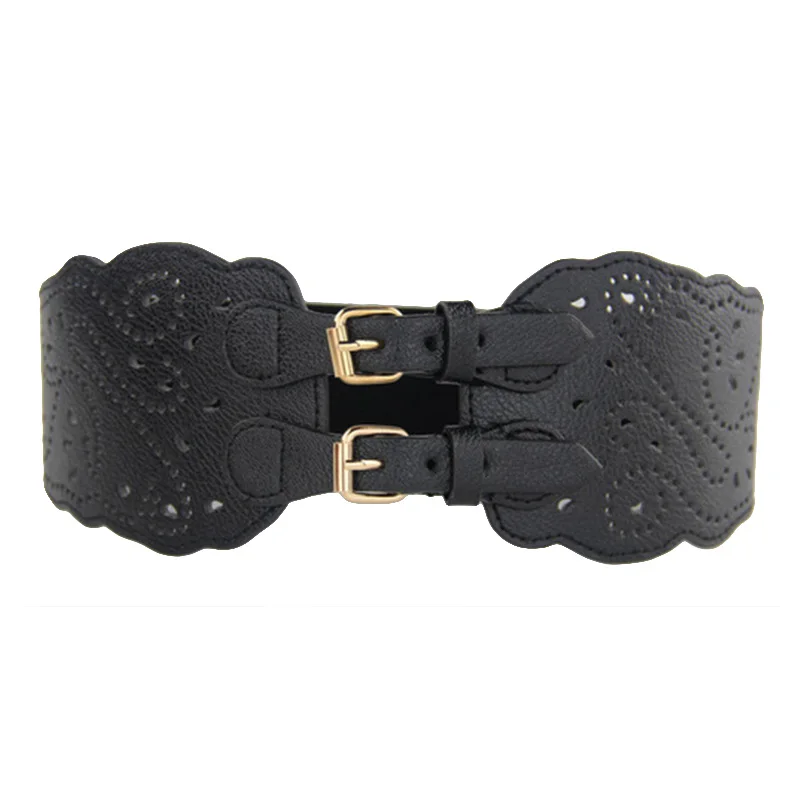 style 2 black Модный женский ремень с двойной пряжкой, эластичный пояс на талии, полиуретановый широкий эластичный корсетный пояс для женских платьев - Цвет: style 2 black