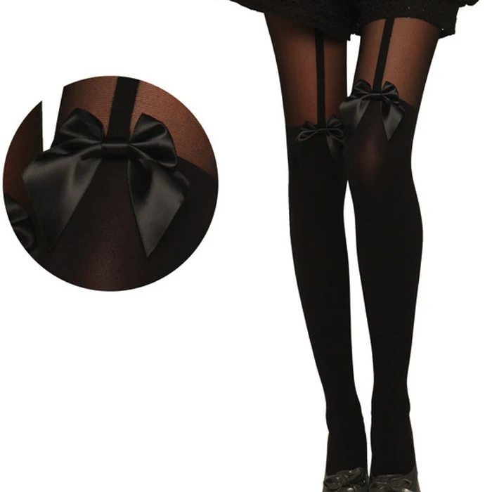 Black Lace Tights For Sexy Ladies Gilr With Bow Pantyhose Tattoo Women Bandage Sock Mock Suspender Sheer Stockings #YL10 | Женская
