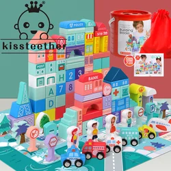 Kit de construction en bois pour enfants, Macaron alphanumérique, 108 pièces de ville, vue sur la rue, bloc de construction 3 en 1, nouveau cadeau 