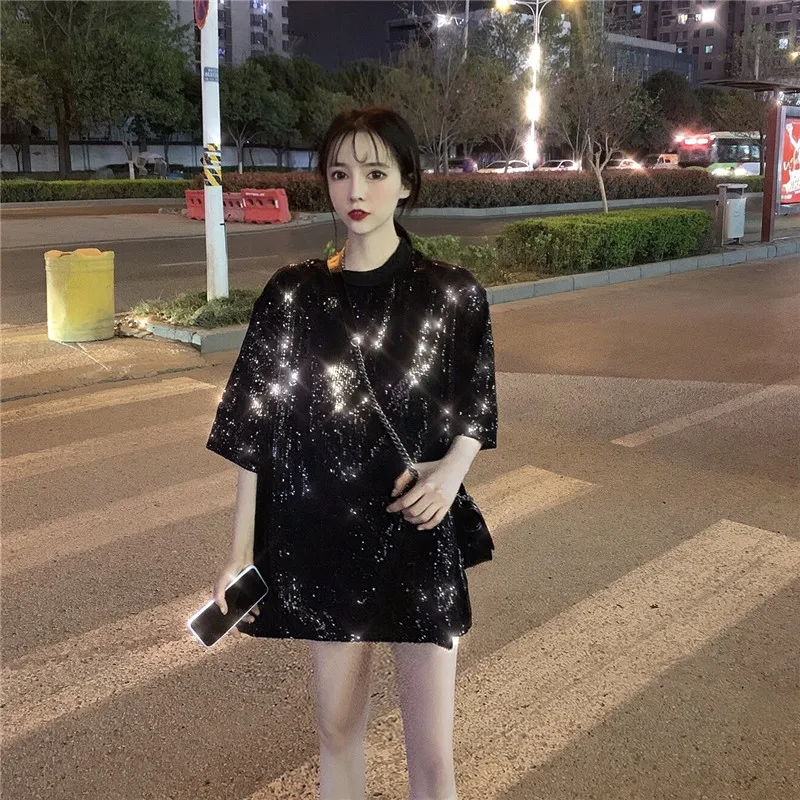 Летние женские футболки, Япония, Ulzzang, милая Повседневная Свободная футболка с коротким рукавом и пайетками, женский милый топ Ins, шикарный Топ для женщин, туника