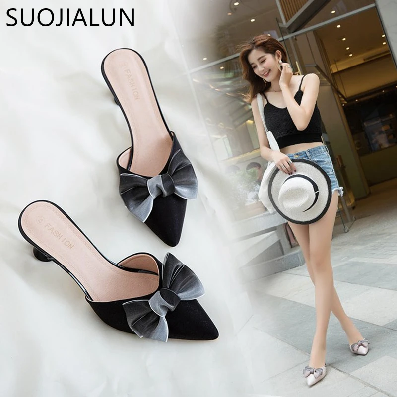 

SUOJIALUN Women Mules Slipper Elegant Pointed Toe Bow-knot Sandals Ladies High Heel Slip On Summer Outdoor Slides Slipper