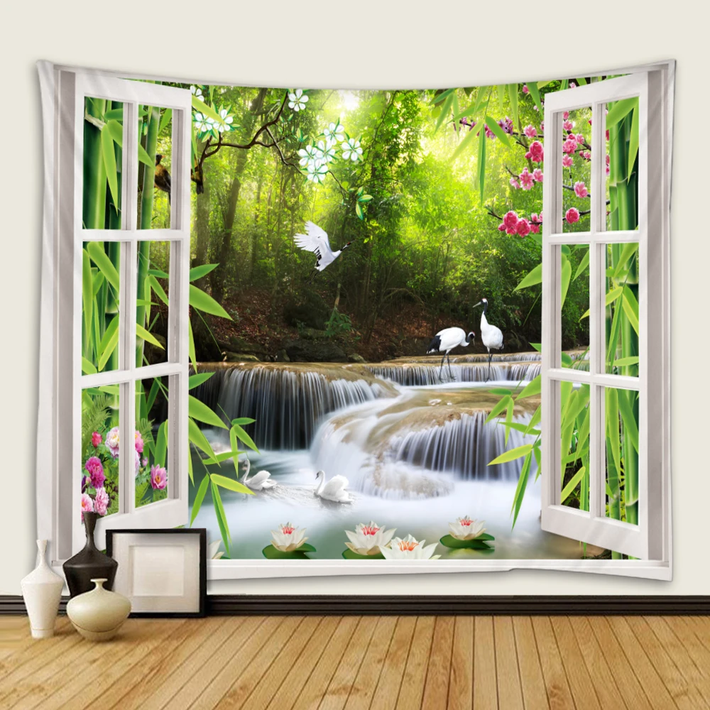 

Hot sale portomicia style tapestry digital printing wall decoration hanging cloth with beautiful view outside the window
