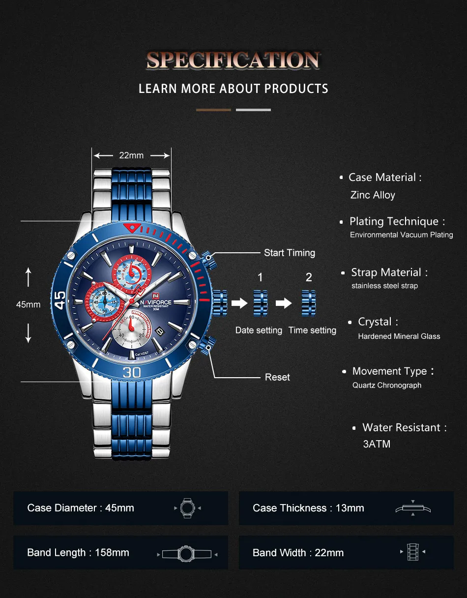 NAVIFORCE,, мужские часы, полностью стальные, водонепроницаемые, кварцевые, спортивные, наручные часы, дата, неделя, хронограф, часы для мужчин, Relogio Masculino