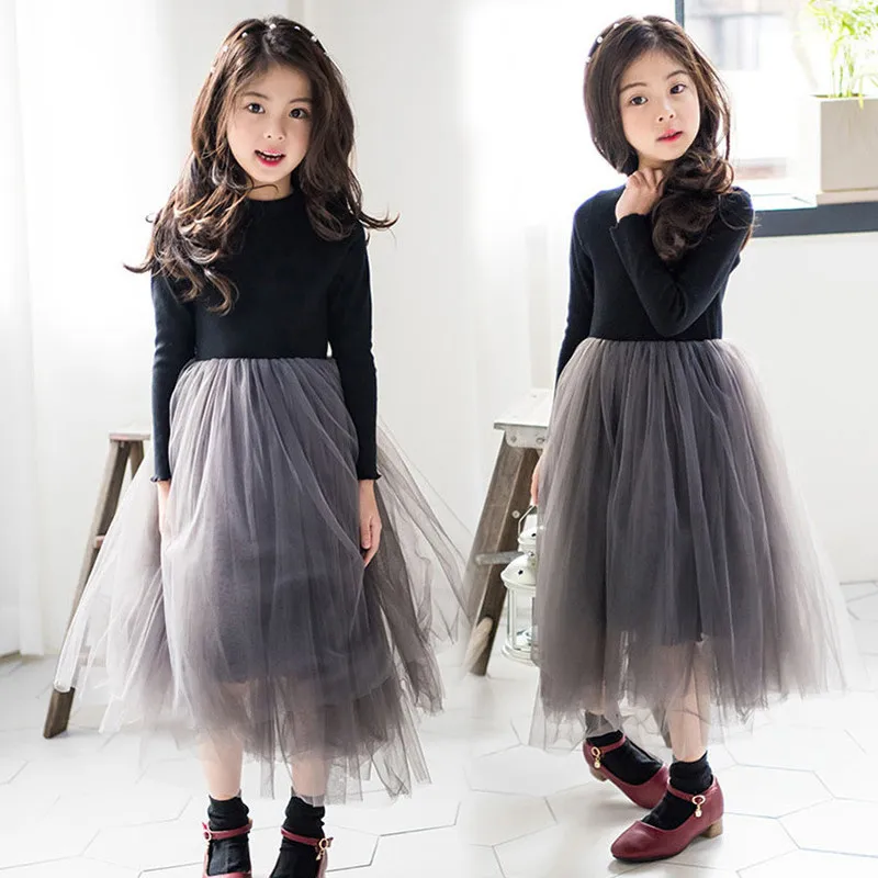 Платье принцессы, платья-пачки для девочек на зиму из сетчатой ткани с длинными рукавами; элегантное праздничное платье для детей на осень, детская одежда на возраст 4, 6 7 8 10 для детей 12 лет