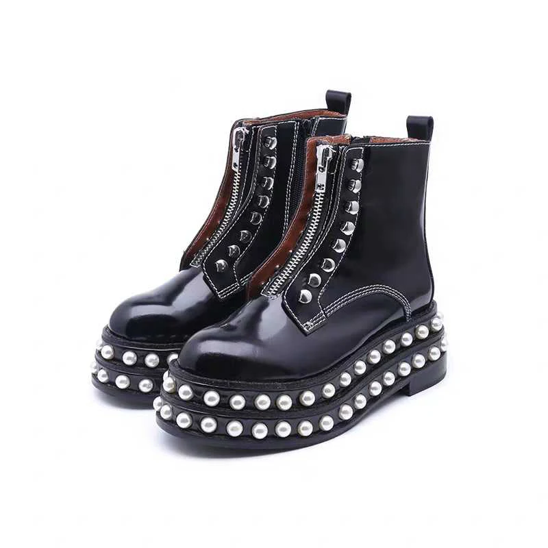 Zapatillas mujer; коллекция года; зимние женские ботильоны на платформе с жемчугом; женские мотоциклетные ботинки черного цвета с круглым носком; женская обувь; Botas Feminina