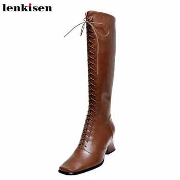 

Lenkisen British style lace up knight boots square toe high heels winter keep warm women lace up fashion thigh high boots L66