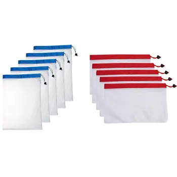 

5PCS/Set Polyester Washable Reusable Produce Bags(30.5X43CM,White + Blue) & 5 Pack Reusable Produce Bags Rope Mesh