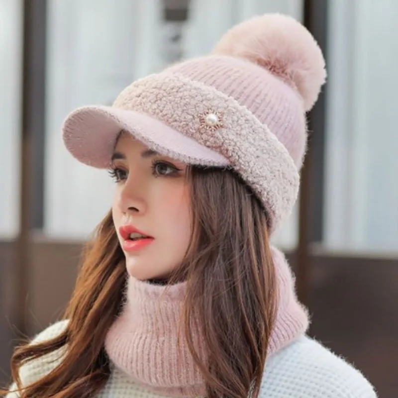 Chapeau d'hiver de marque pour femme, grand bonnet en fourrure, avec  pompon, écharpe tricotée, bonnet chaud, Skullies - AliExpress