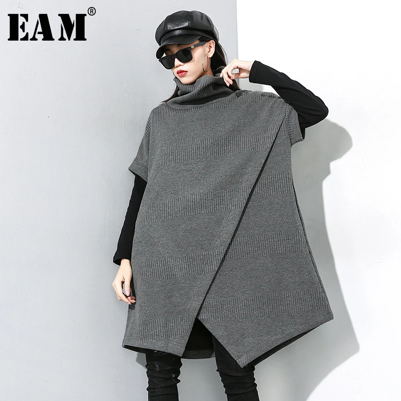 

[EAM] Women Asymmetrical Big Size Knitting Dress New Turtleneck Short Sleeve Loose Fit Fashion Tide Spring Autumn 2020 19A-a790