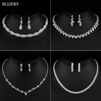 

BLIJERY Silver Plated Crystal Bridesmaid Bridal Jewelry Sets Geometric Choker Necklace Earrings for Women Wedding Jewelry Sets