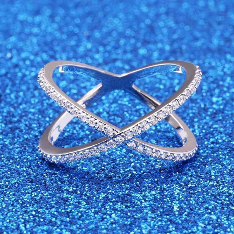 Wedding rings wedding ring finger ring silver ring zircon crystal ring Fashion Rhinestone Wedding Ring for Women Zircon Silver Color Cross X Shape Crystal Inlayed Dating Engagement Rings Party Gifts