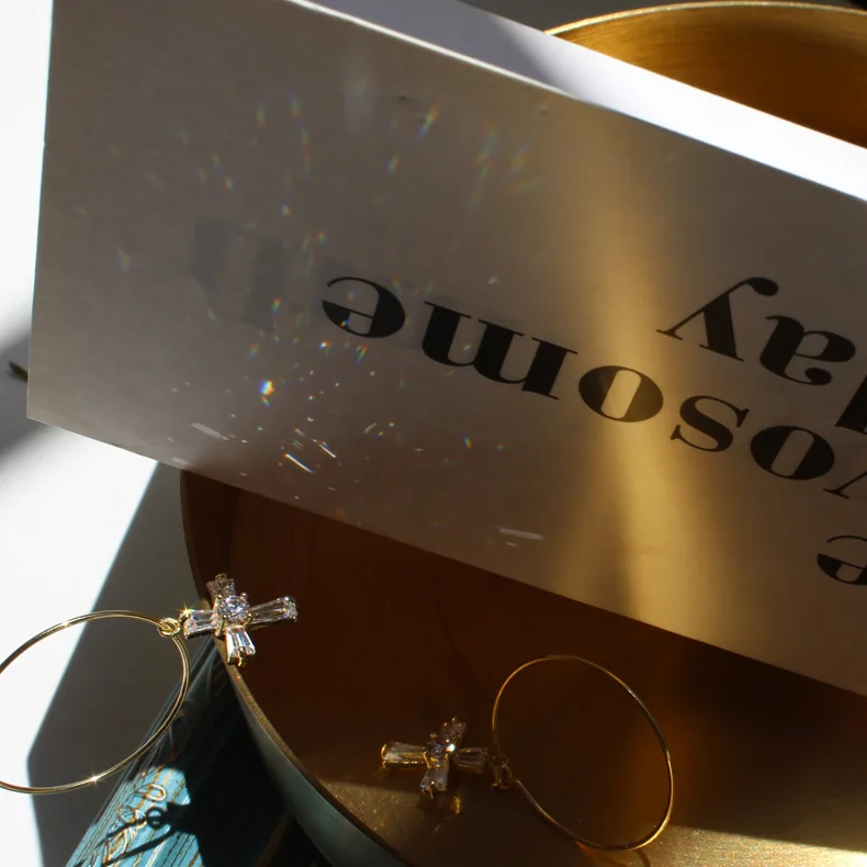 Модные кубические серьги с крестом AAA циркония, очаровательные Стразы, золотой цвет, подвеска, круглые серьги-кольца, ювелирные изделия для женщин