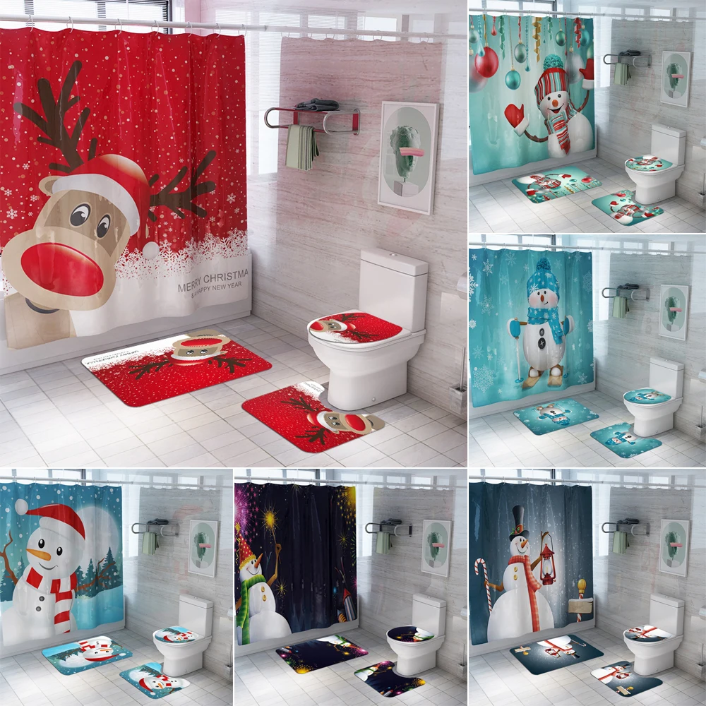 

Christmas Snowman Elk Shower Curtain Bathroom Suit Reindeer Waterproof Bath Curtains Toilet Cover Mat Non Slip Rug Set