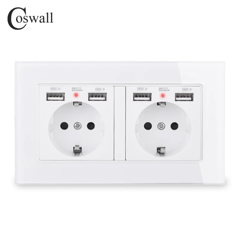 Skup COSWALL marka 2 Gang rosja hiszpania standard ue gniazdo ścienne z 4 USB port ładowania ukryte w miękkie wskaźnik LED panel ze szkła kryształowego