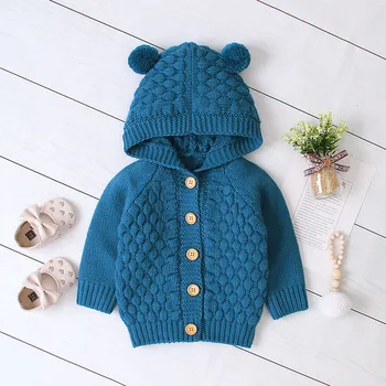 

Gray Knit Infant Newborn Cardigan Sweater Long Sleeve Winter Coat For Toddler Hooded Jackets Button Up Fall Baby Girls Coat 9.16