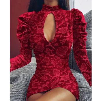 

Women Mock Neck Embroidery Keyhole Mini Dress Sexy Hollow Out Long Sleeve Bodycon Mini Party Solid Dress Vestidos