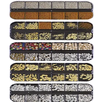 

12 Grids Gold Nail Art Decorations Studs Accesoires Nails Design Jewelry Manicure Metal Decoration