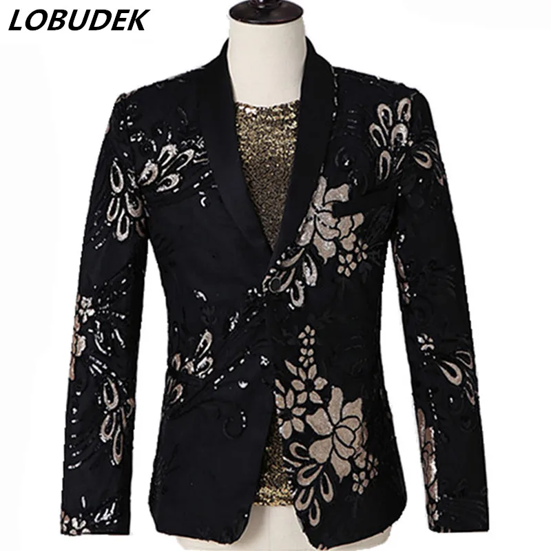 Золотисто-черные костюмы с блестками одежда для выступлений мужской певец