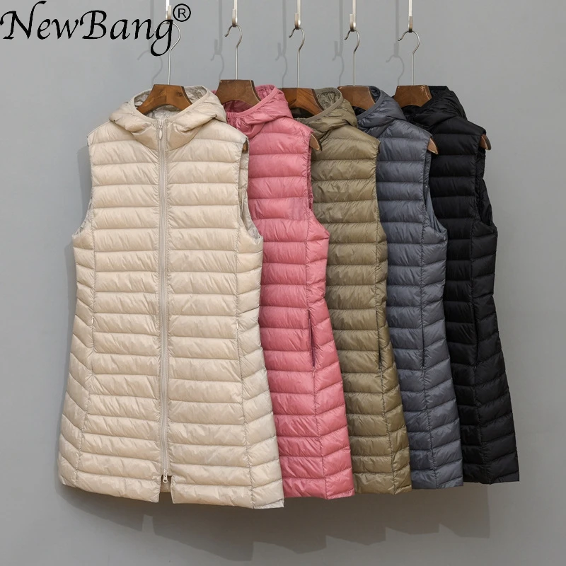 NewBang Ultra Light Down Vest Women Brand Long Vest Women  Hooded Lightweight Waistcoat Female Down Coat Long Slim Sleeveless lightweight puffer jacket