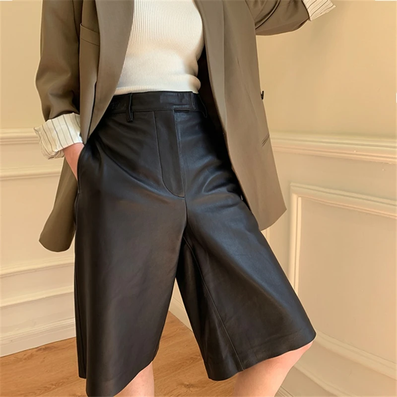 Shorts de Cintura Alta de Couro Militar de Couro pu para Motocicleta Bgteever Feminino Verde Falso Primavera - Verão 2021 15 Moda Feminina