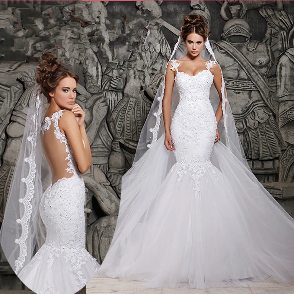

2016 Designers White Lace And See Through Mermaid Wedding Dresses With Removable Train Bridal Dresses Tulle MH-101