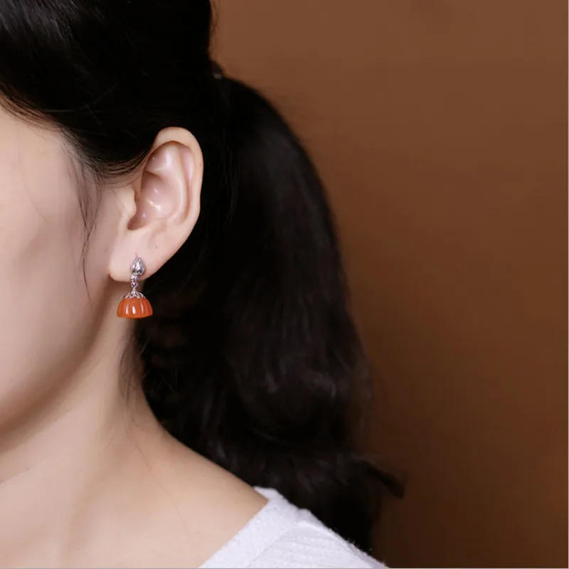 Uglyless Pretty Pumpkin Color Agate Earrings for Women Solid 925 Sterling Silver Flower Lotus Earrings Gemstones Jewelry E1801