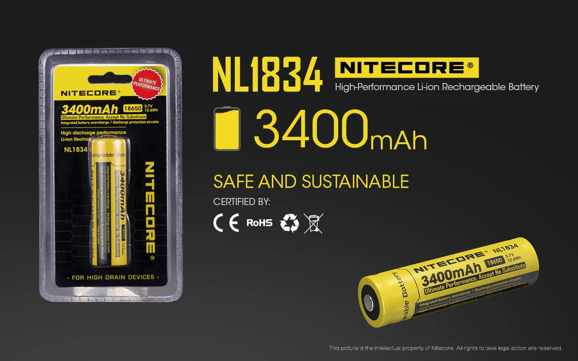 Nitecore NL1834 NL1832 NL1826 NL1823 rechargeable battery 18650 3.7V Li-ion Max 2A Protected Li-ion Button Top Battery blacklight flashlights