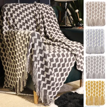 

Acrylic Fiber Warm Knitted Throw Bedding With Tassels Rectangle Soft Gift Sofa Blanket Living Room Home Office Wave Pattern