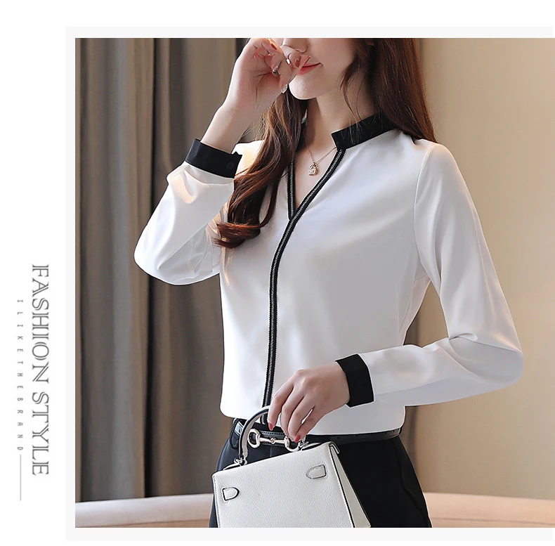 Модные женские топы и блузки женские топы Харадзюку шифоновая блузка с бриллиантами однотонная черная белая блузка с v-образным вырезом 6277 50