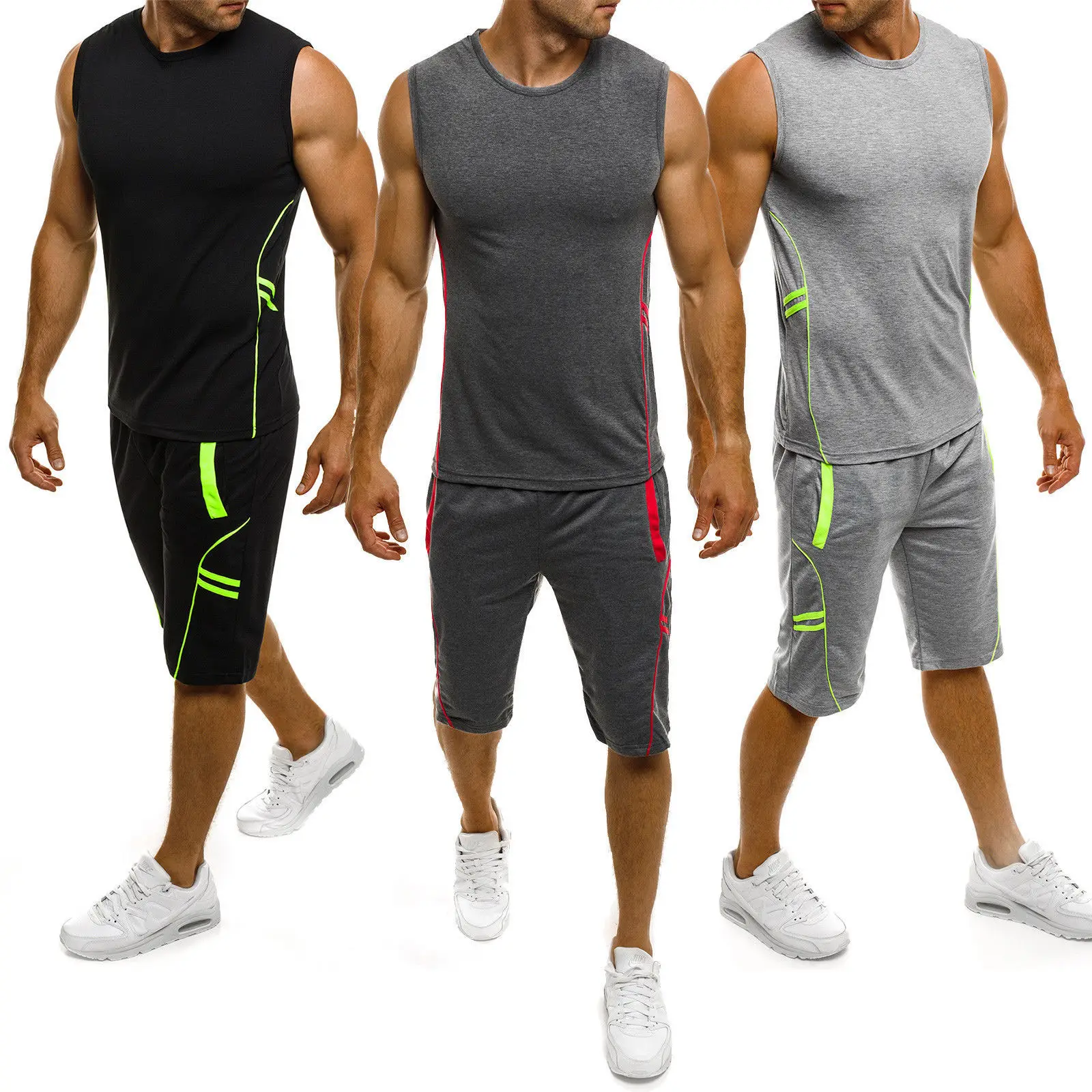 

2019 New Style Tight-Fitting Sleeveless T-shirt Sports Fitness Wicking Quick-Drying MEN'S Sleeveless Shirt Set