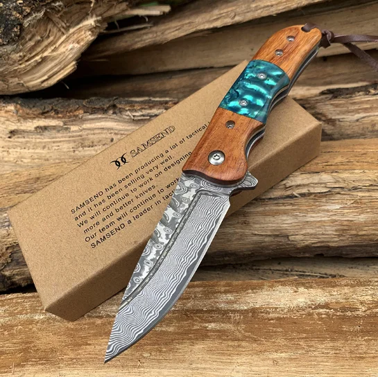 yellow handle EDC ручной работы сандалового дерева VG10 дамасский складной нож шарикоподшипник системы Пешие прогулки многофункциональные инструменты - Цвет: yellow handle