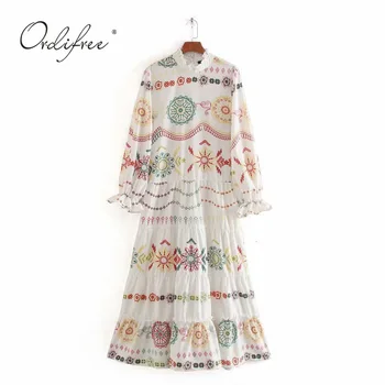 

Ordifree 2020 Summer Boho Women Long Dress Floral Print Long Sleeve White Maxi Tunic Beach Dress