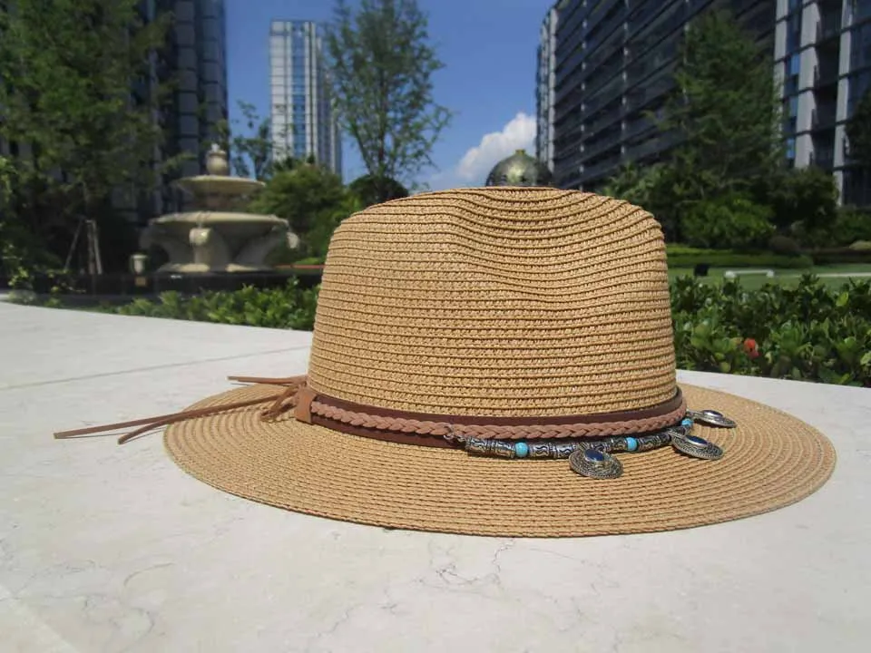 Женская Хаки богемная летняя шляпа пляжный отдых широкополый козырек повседневные летние сарафаны для мужчин национальная соломенная шляпа с серебряной лентой