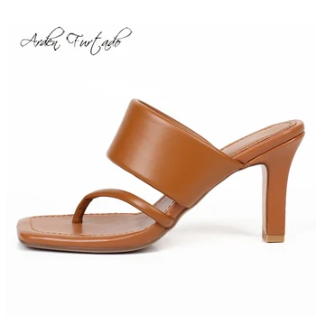 

Arden Furtado Summer Fashion Trend Women's Shoes Square Head Sexy Elegant pure color brown Slippers Narrow Band Classics