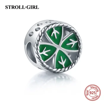 

Fine Authentic 925 Sterling Silver Four-leaf Flower Charms Green Enamel Beads Fit European Charm Bracelet for Women Jewelry Gift
