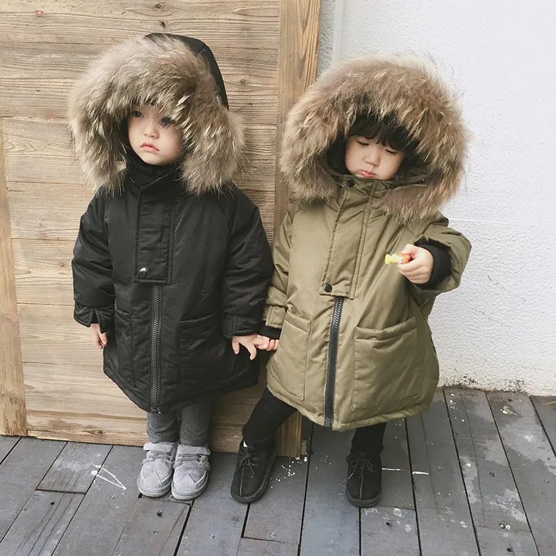 

Korean winter children long down baby girl and boys big fur collar down jackets baby Plus velvet thicken coats kids tops