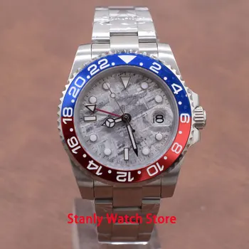 

Sapphire Bliger 40mm Grey Sterile Dial Blue Red Bezel GMT Function Luminous Marks Stainless Band Automatic Movement Men's Watch