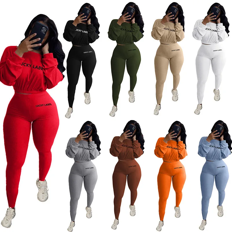 

Rib Embroidery Letter Print Suits Solid Color Off Shoulder Long Sleeve Sexy Crop Tshirts and Trousers Women Two Piece Outfits