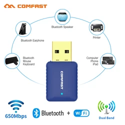 Adaptador wi fi, bluetooth 4.2, 650mbps, banda dupla 2.4/5ghz, sem fio, receptor externo, mini wi fi, para pc/laptop/desktop
