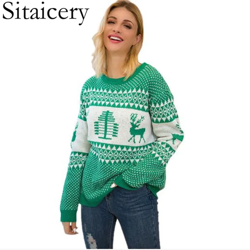 Sitaicery, Осень-зима, женские свитера, с длинным рукавом, с рождественским оленем, вязаные свитера, Женский пуловер, свитер, Pull Femme
