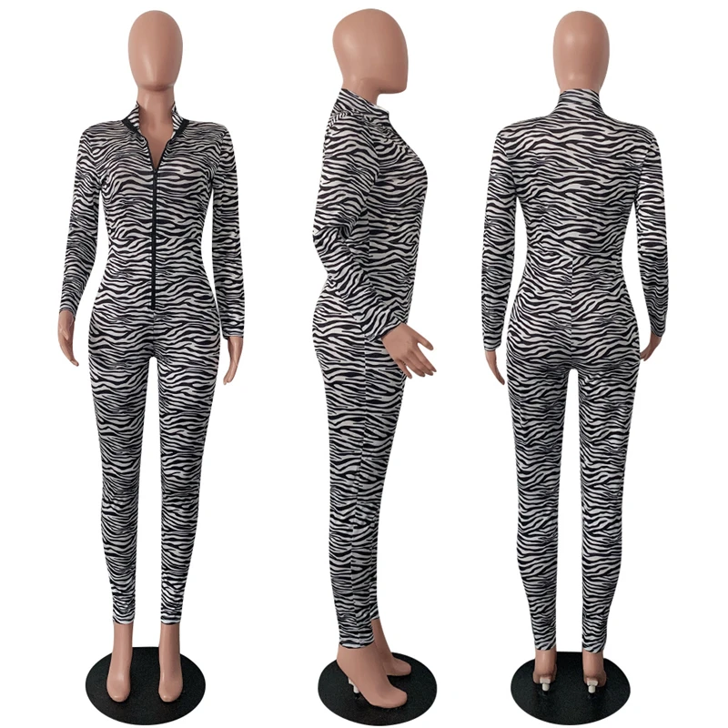 Tsuretobe Autumn Bodycon Zebra Pattern Jumpsuit Women Fashion Long Sleeve Romper With Zipper Slim Party Overalls Female Outfits