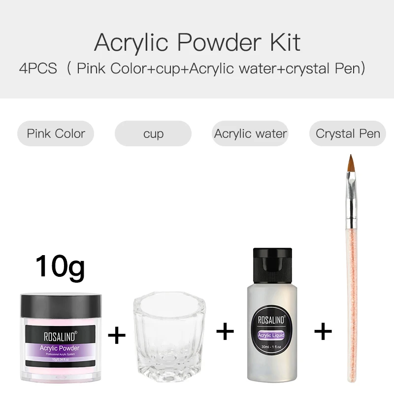 10g-4pcs-Set 2 ROSALIND набор для наращивания ногтей акриловая пудра для полигеля Полупостоянный акриловый набор для ногтей Гель-лак для дизайна ногтей базовый топ - Цвет: 10g-4pcs-Set 2